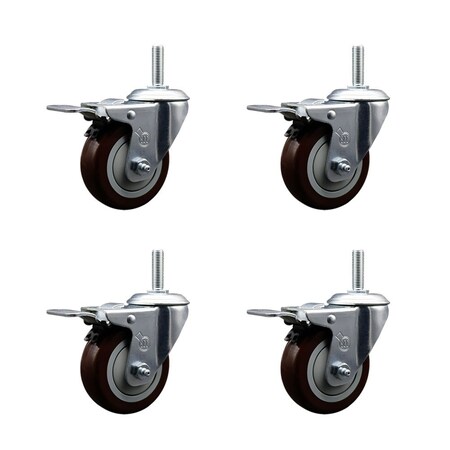 Service Caster 35 Inch Maroon Polyurethane Swivel 58 Inch Threaded Stem Caster Set with Total Lock Brake SCC-TSTTL20S3514-PPUB-MRN-58212-4